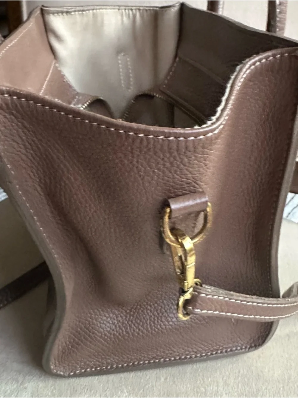 Genuine Leather Mini Satchel Taupe Brown | Crossbody Top Handle | Structured Bag - Picture 5 of 16